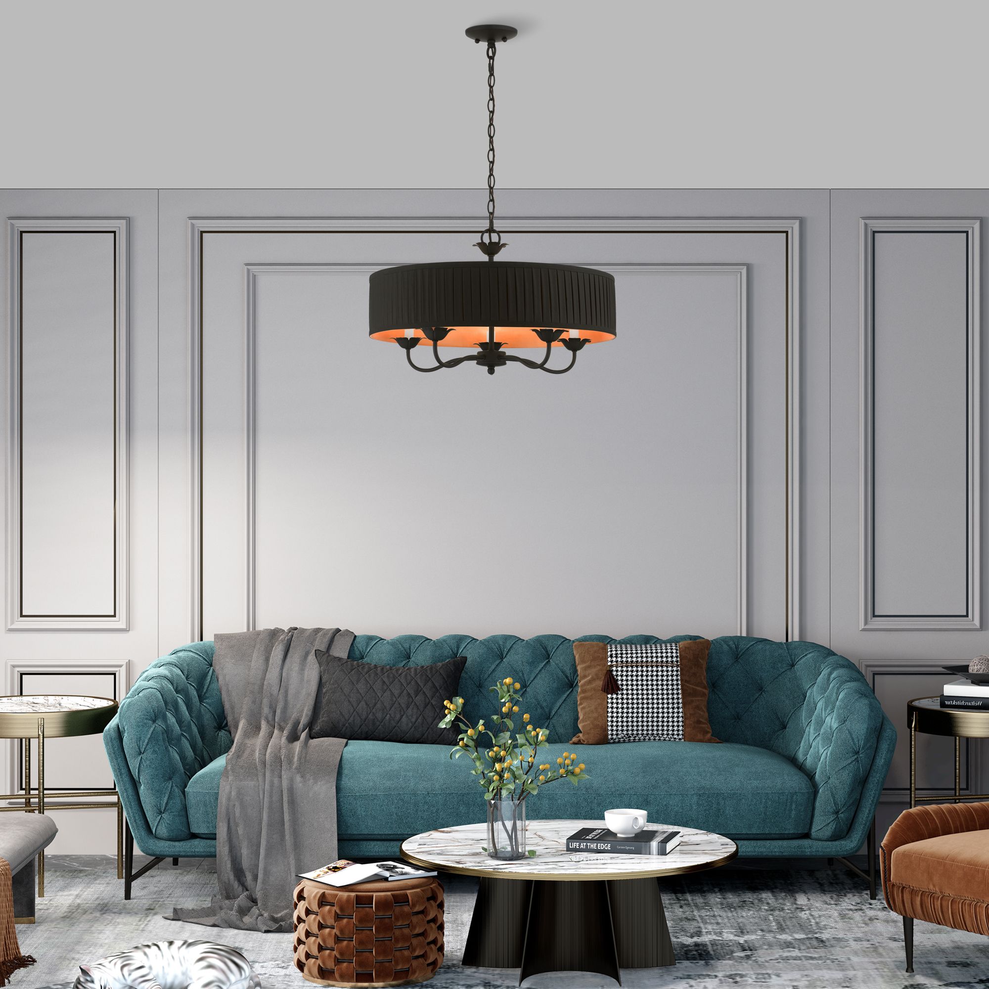 Livex 23" Wide 5-Light Black Drum Shade Pendant Chandelier