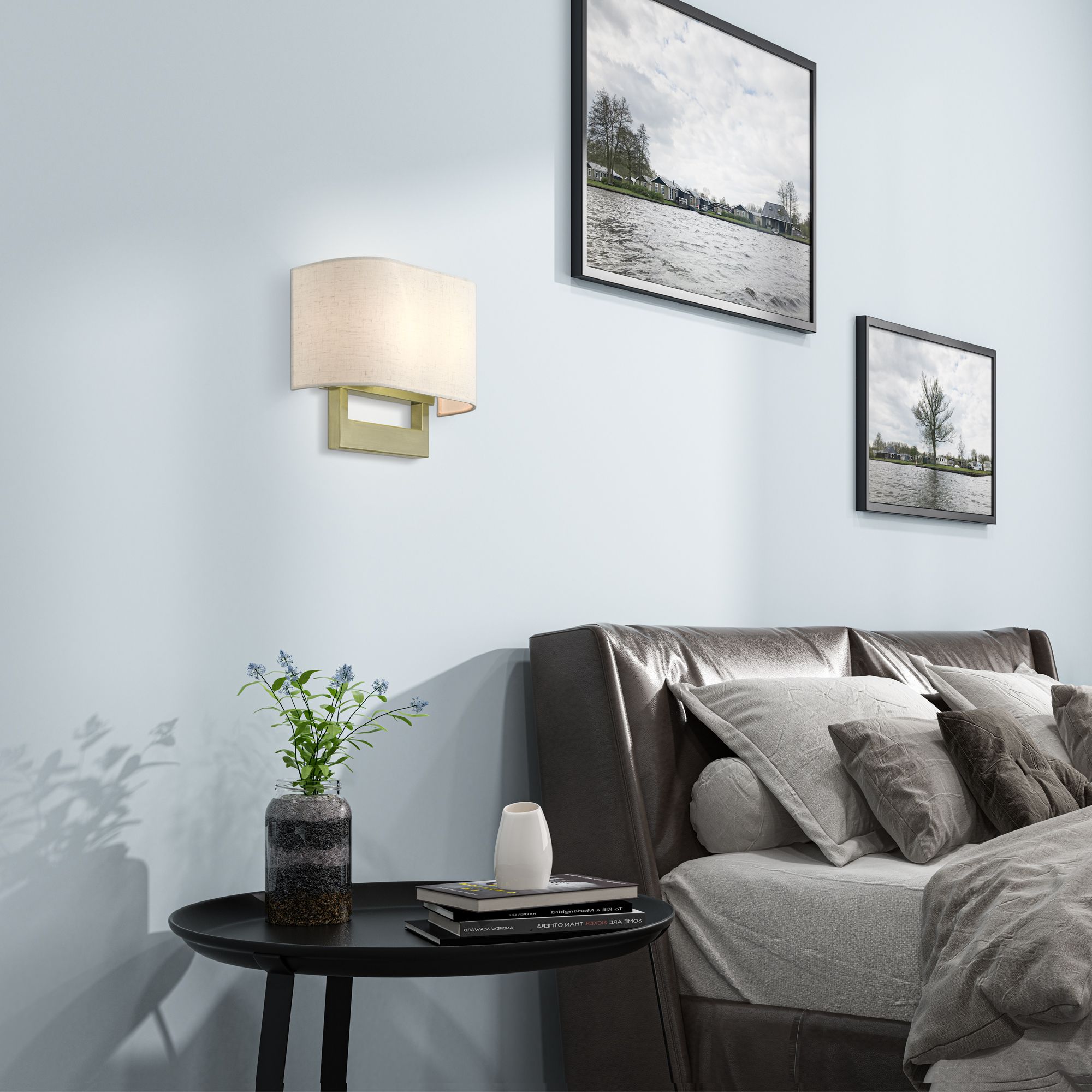 Livex Allison 15" Wide 2-Light Linen and Antique Brass ADA Wall Sconce