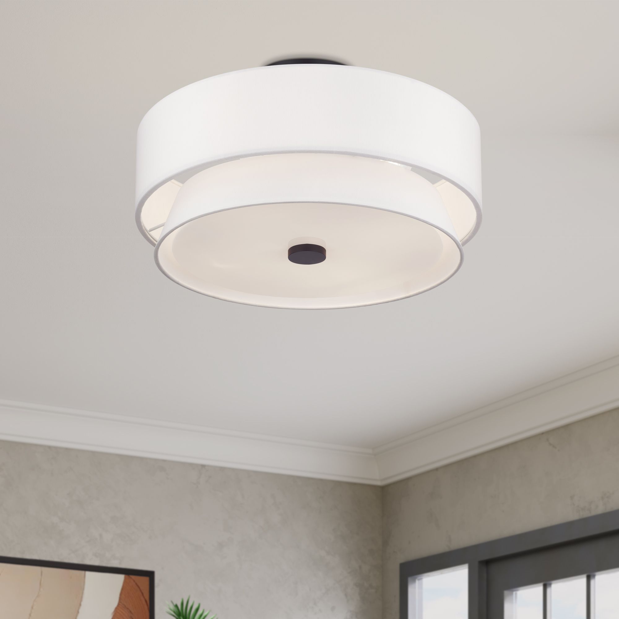 Livex Fontana 18" 4-Light Bronze Off-White Double Drum Ceiling Light