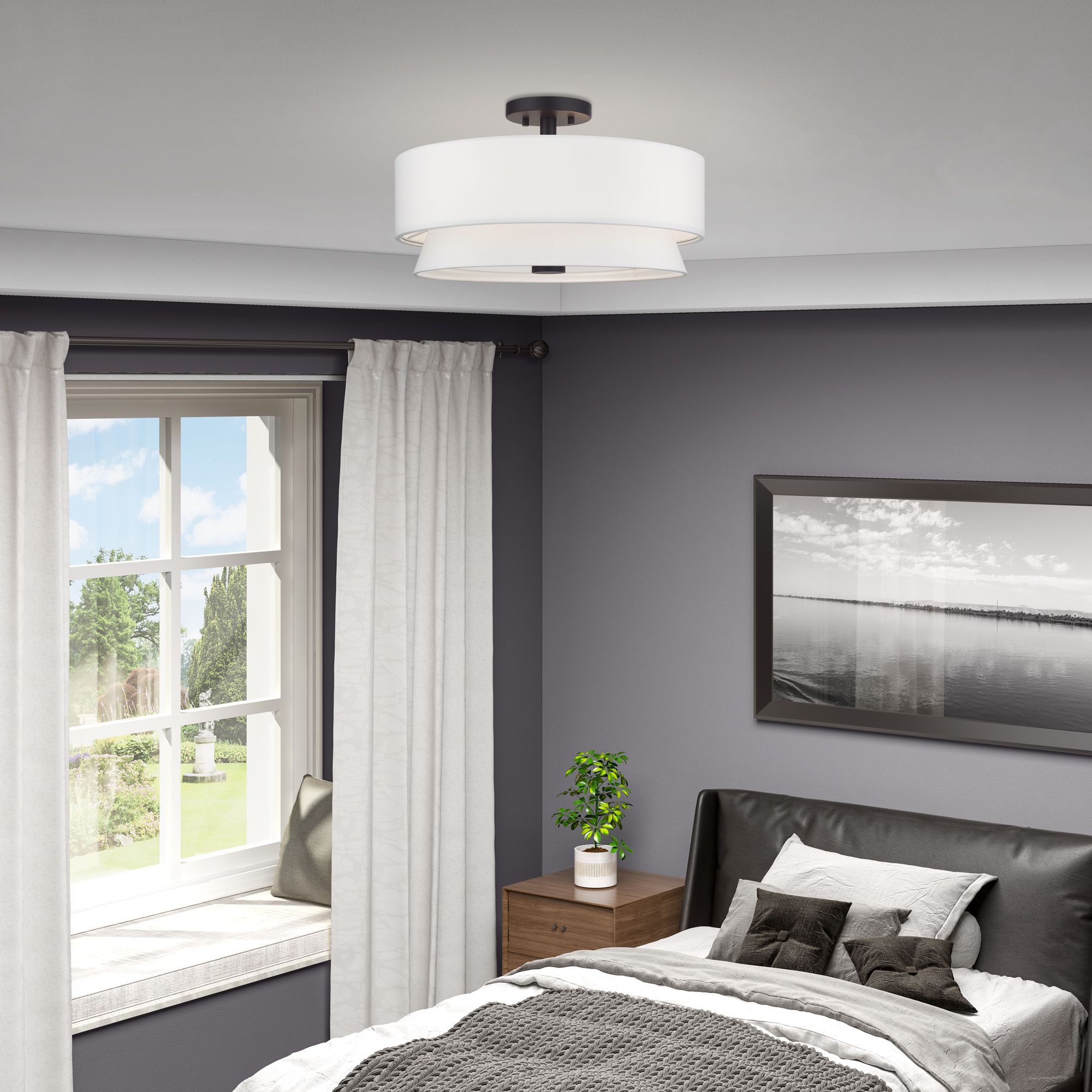 Livex Fontana 18" 4-Light Bronze Off-White Double Drum Ceiling Light