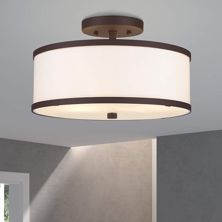 Image 1 Livex Lighting 13" Wide 2-Light Bronze White Drum Ceiling Mount