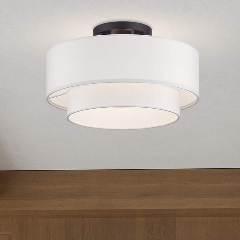 Image 1 Livex Lighting 15" 3-Light Bronze Off-White Double Shade Ceiling Light