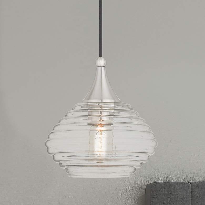 Image 1 Livex Lighting 8 1/4" Wide Brushed Nickel Grooved Glass Mini Pendant