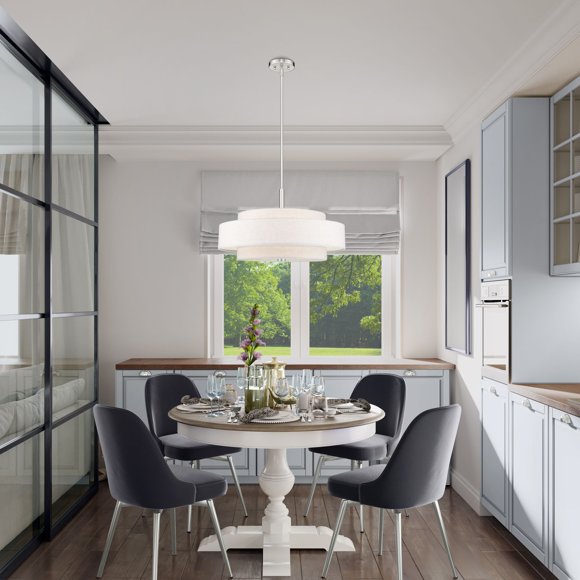 Livex Lighting Meridian 24" Nickel Double-Drum Shade Pendant Light in scene