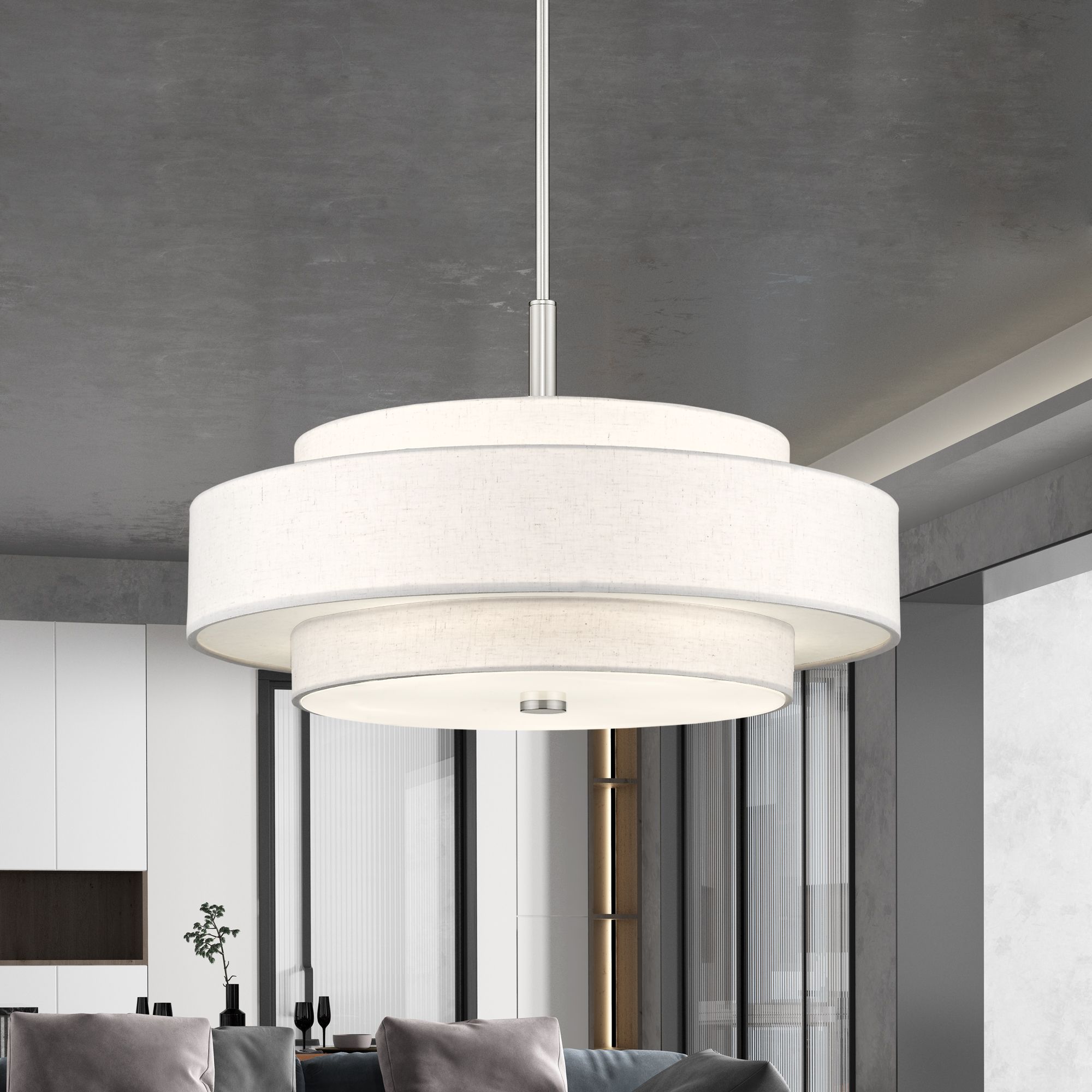 Livex Lighting Meridian 24" Nickel Double-Drum Shade Pendant Light in scene