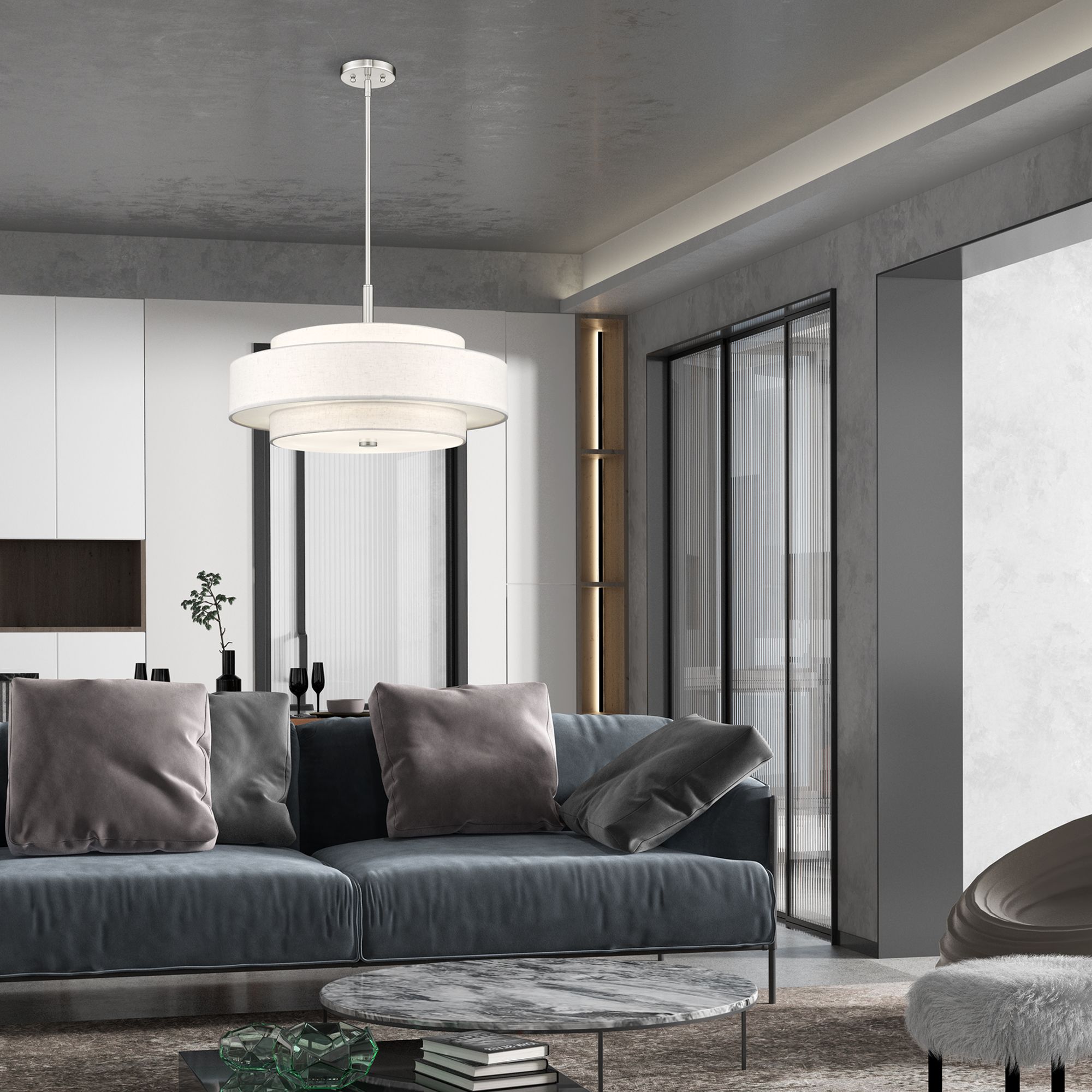 Livex Lighting Meridian 24" Nickel Double-Drum Shade Pendant Light in scene