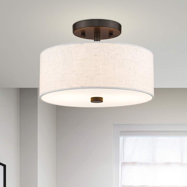 Image 1 Livex Lighting Monroe 11" English Bronze Oatmeal Drum Ceiling Light