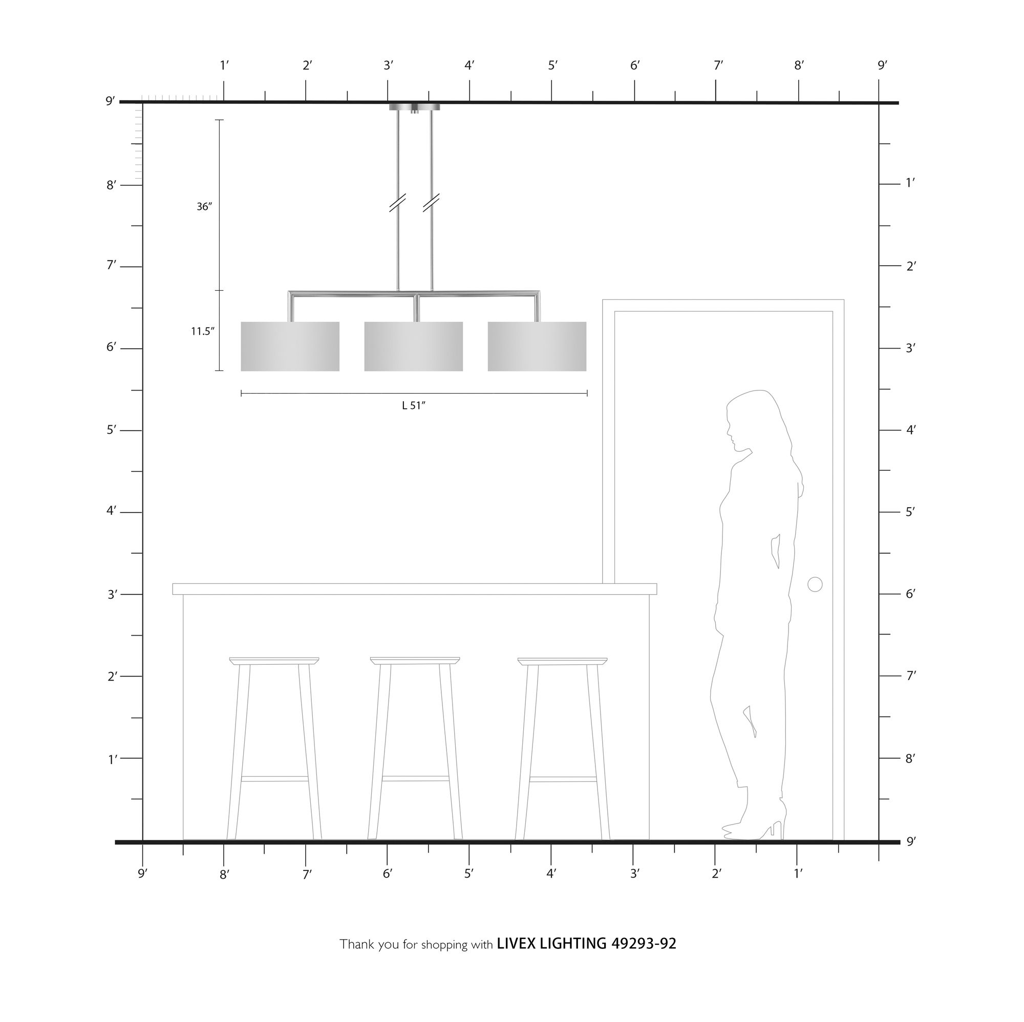 Livex Lighting Monroe 51" English Bronze 3-Light Linear Chandelier in scene