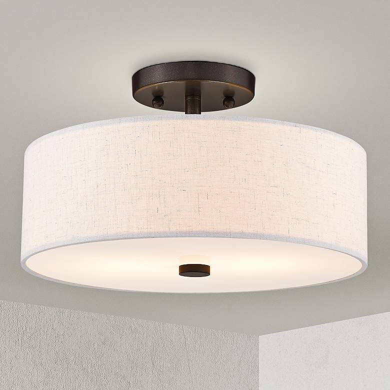 Image 2 Livex Meridian 13" Wide English Bronze White Drum Ceiling Light
