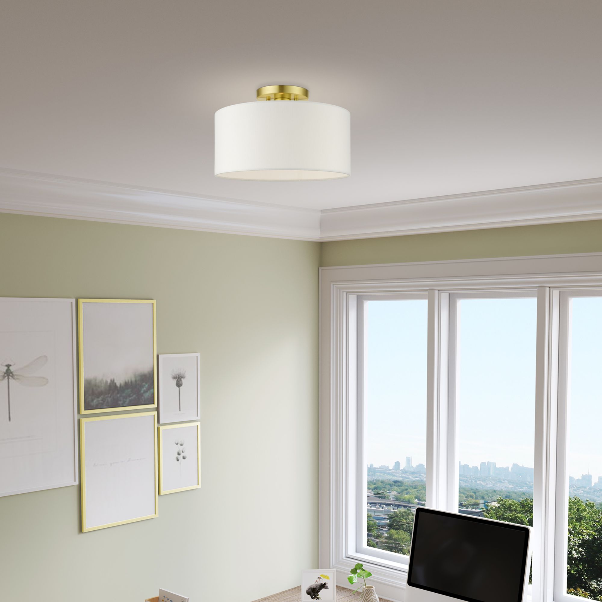 Livex Meridian 13" Wide Satin Brass Drum Ceiling Light