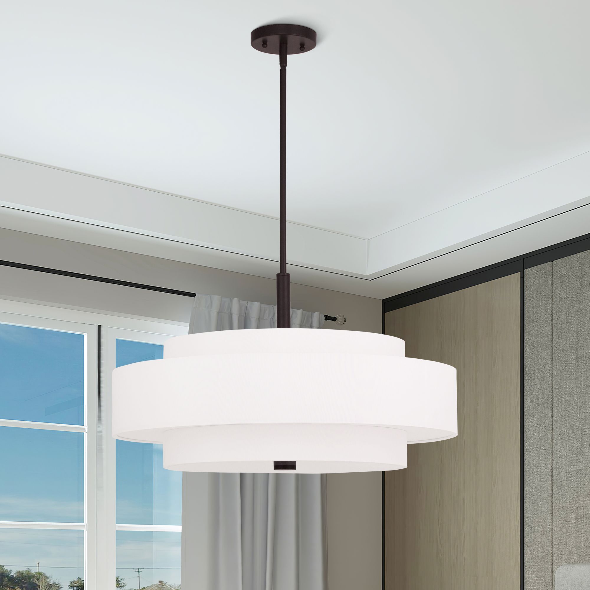 Livex Meridian 24" Wide Bronze and White Drum Modern Pendant Light in scene