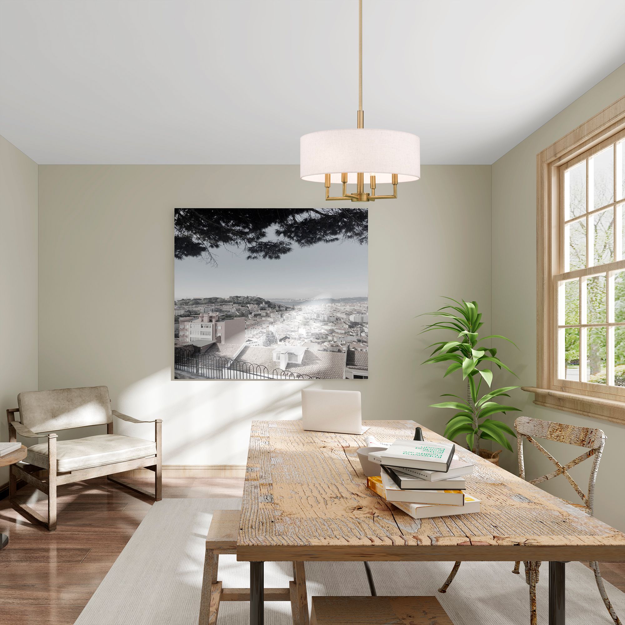 Livex Monroe 18" Wide Antique Brass 4-Light Drum Shade Pendant in scene