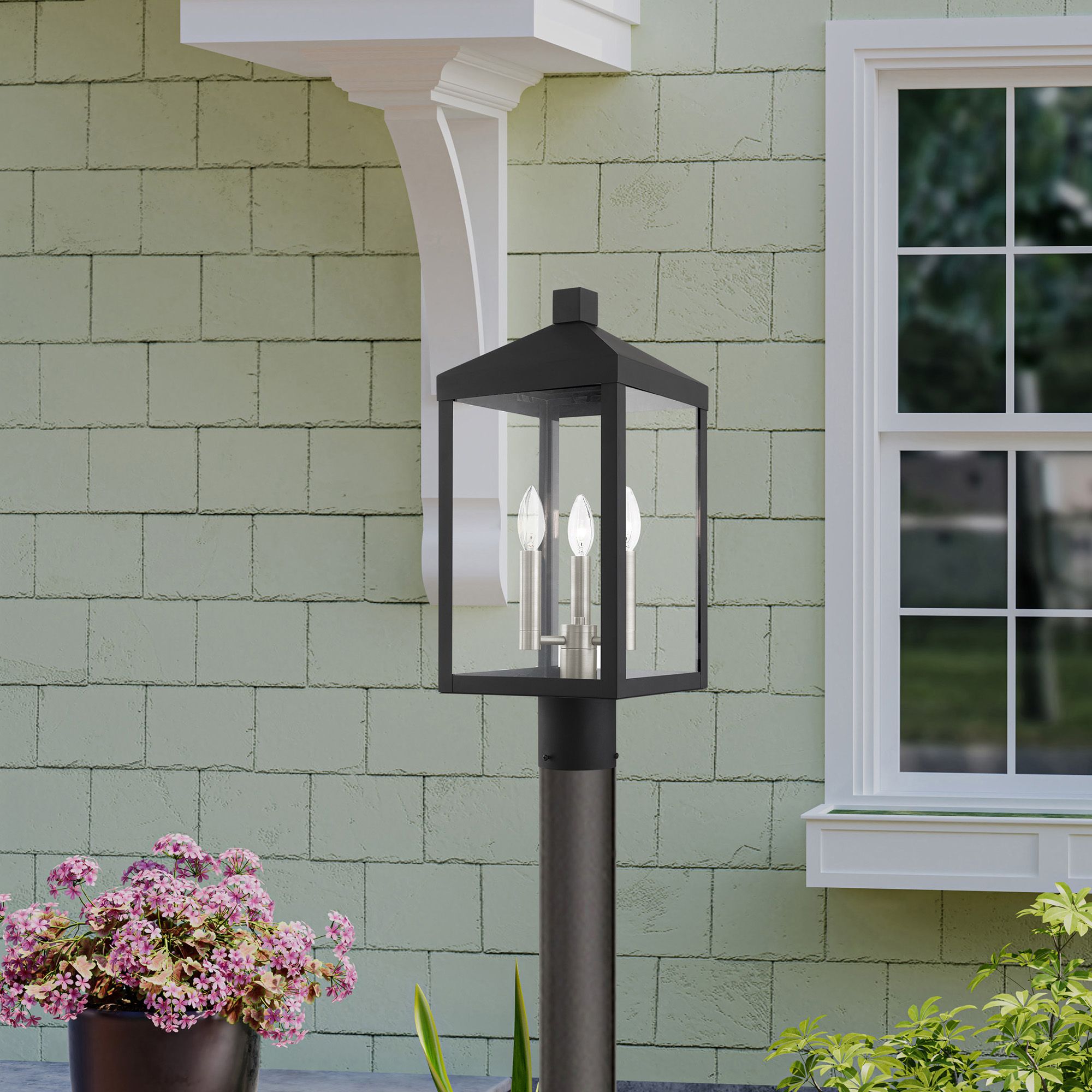 Livex Nyack 19.5" High Black Finish 3-Light Outdoor Lantern Post Light