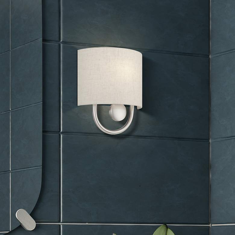 Image 1 Livex Stratton 10 1/2" High Oatmeal Fabric Brushed Nickel ADA Sconce