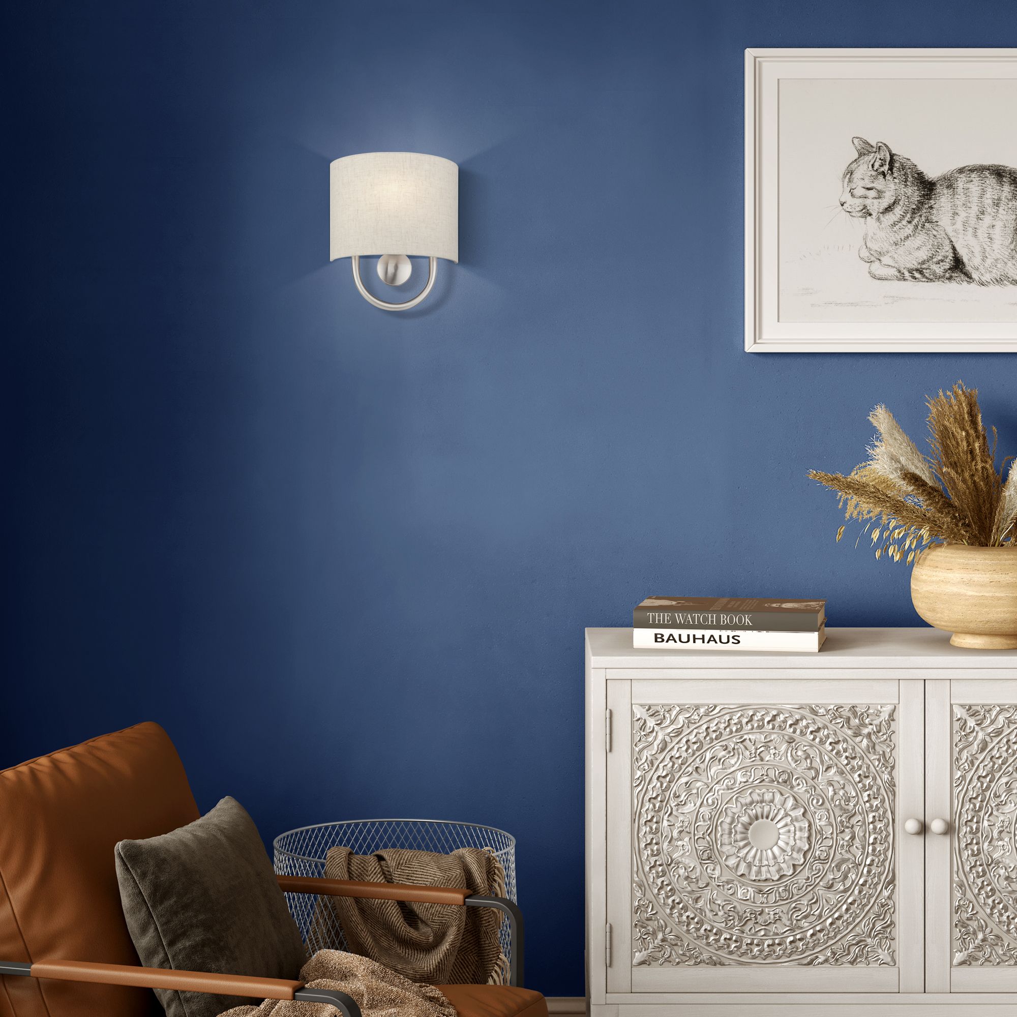 Livex Stratton 10 1/2" High Oatmeal Fabric Brushed Nickel ADA Sconce