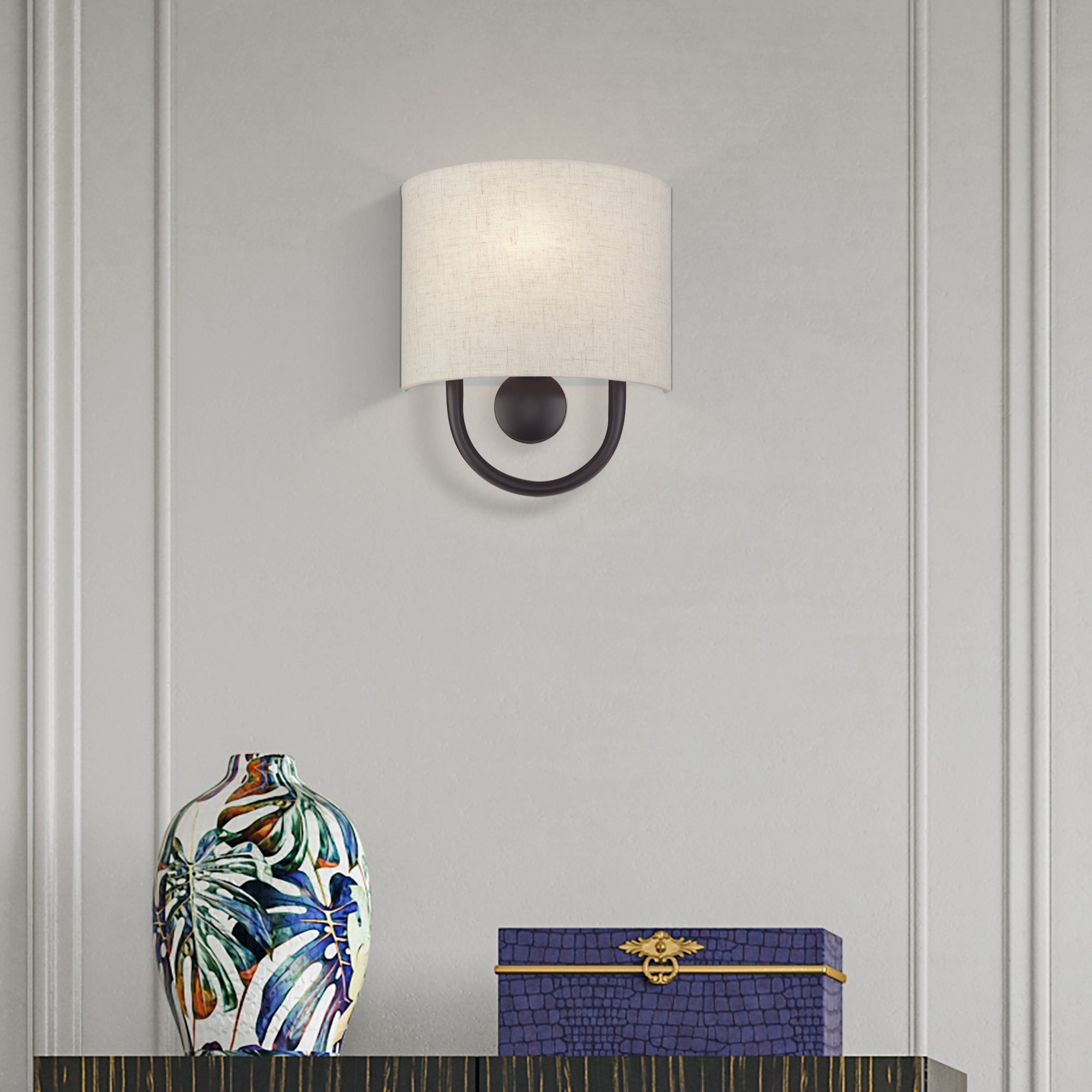 Livex Stratton 10 1/2" High Oatmeal Fabric English Bronze ADA Sconce