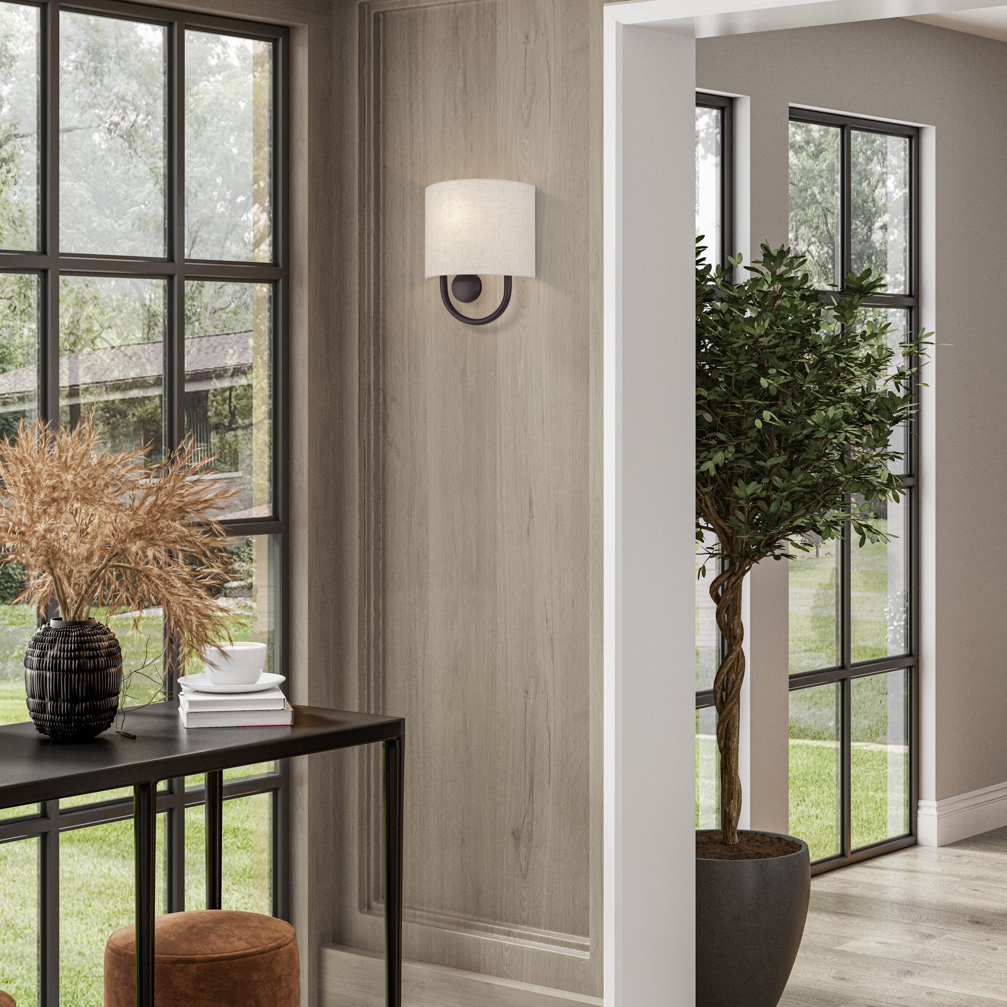 Livex Stratton 10 1/2" High Oatmeal Fabric English Bronze ADA Sconce