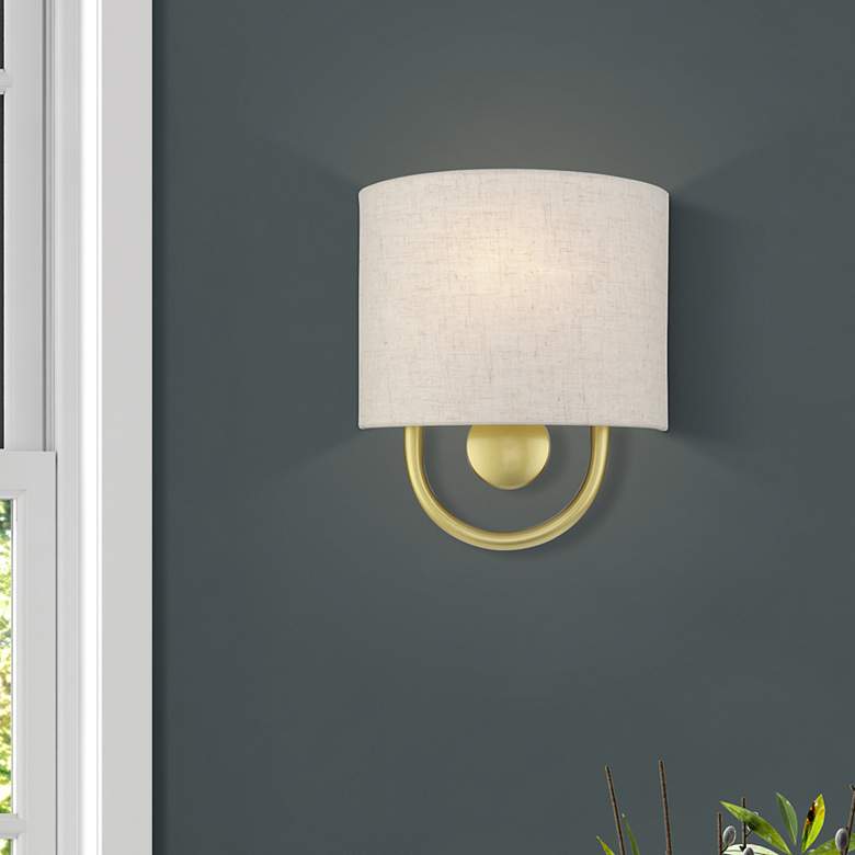 Image 1 Livex Stratton 10 1/2" High Oatmeal Fabric Soft Gold ADA Sconce