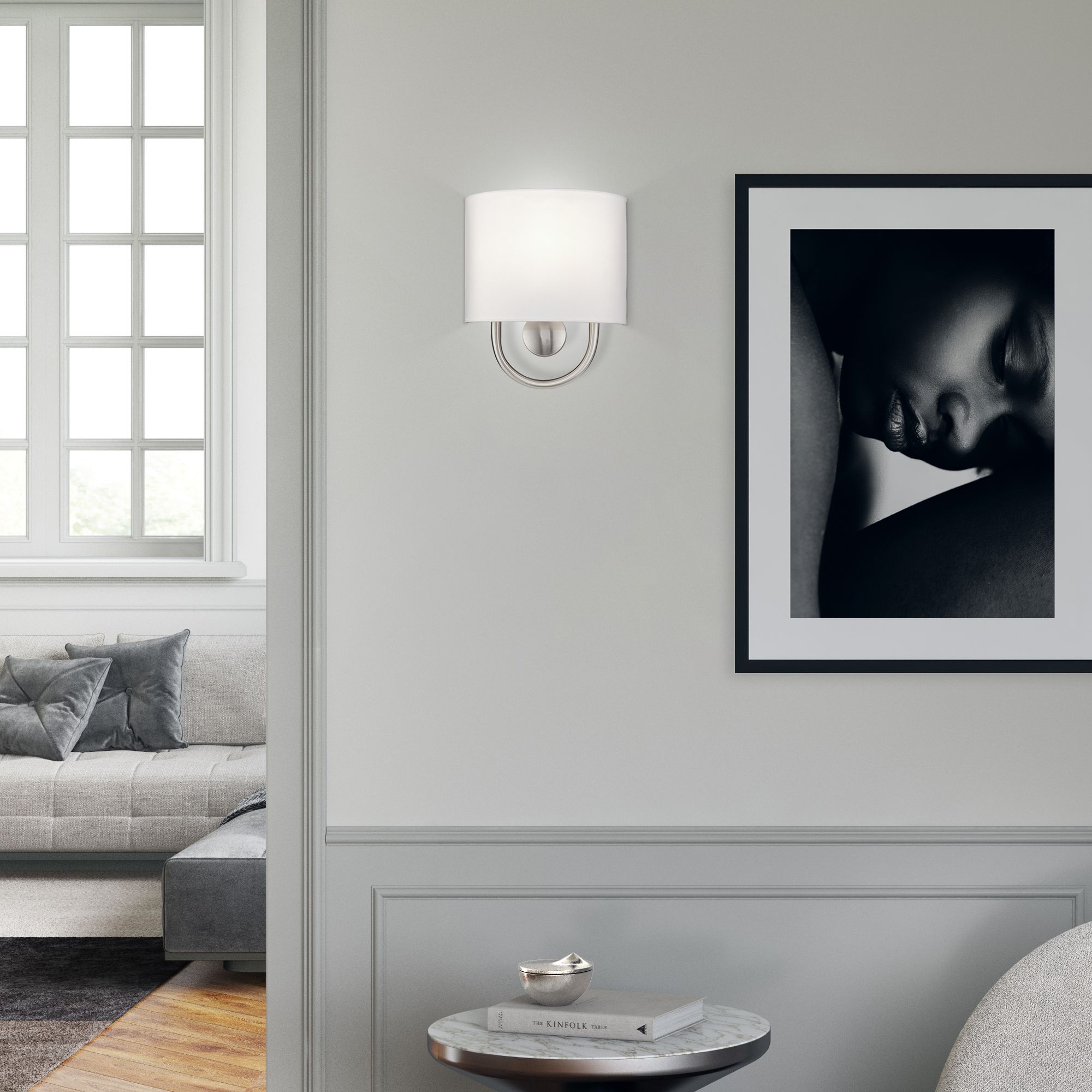 Livex Stratton 10 1/2" High White Fabric Brushed Nickel ADA Sconce