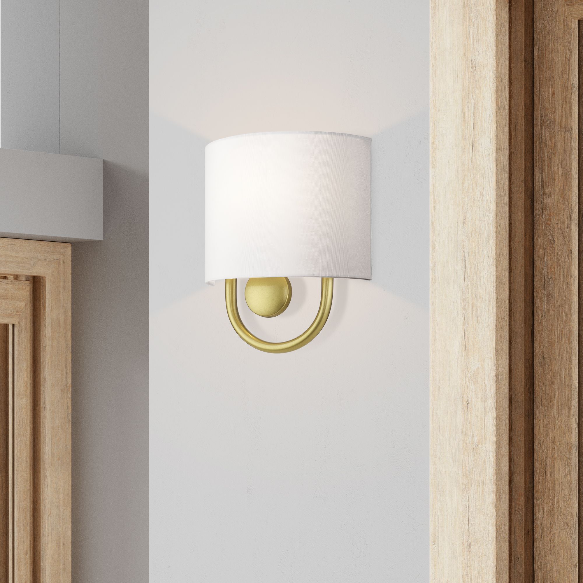 Livex Stratton 10 1/2" High White Fabric Light Gold ADA Wall Sconce