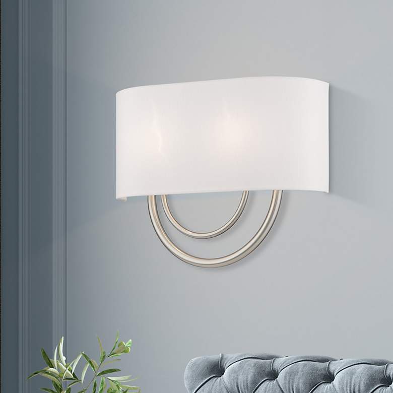 Image 1 Livex Stratton 15" Wide 2-Light Nickel Off-White Shade ADA Sconce