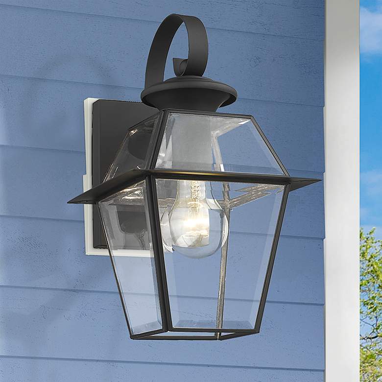 Image 1 Livex Westover 12.5" High Black and Glass Outdoor Lantern Wall Light