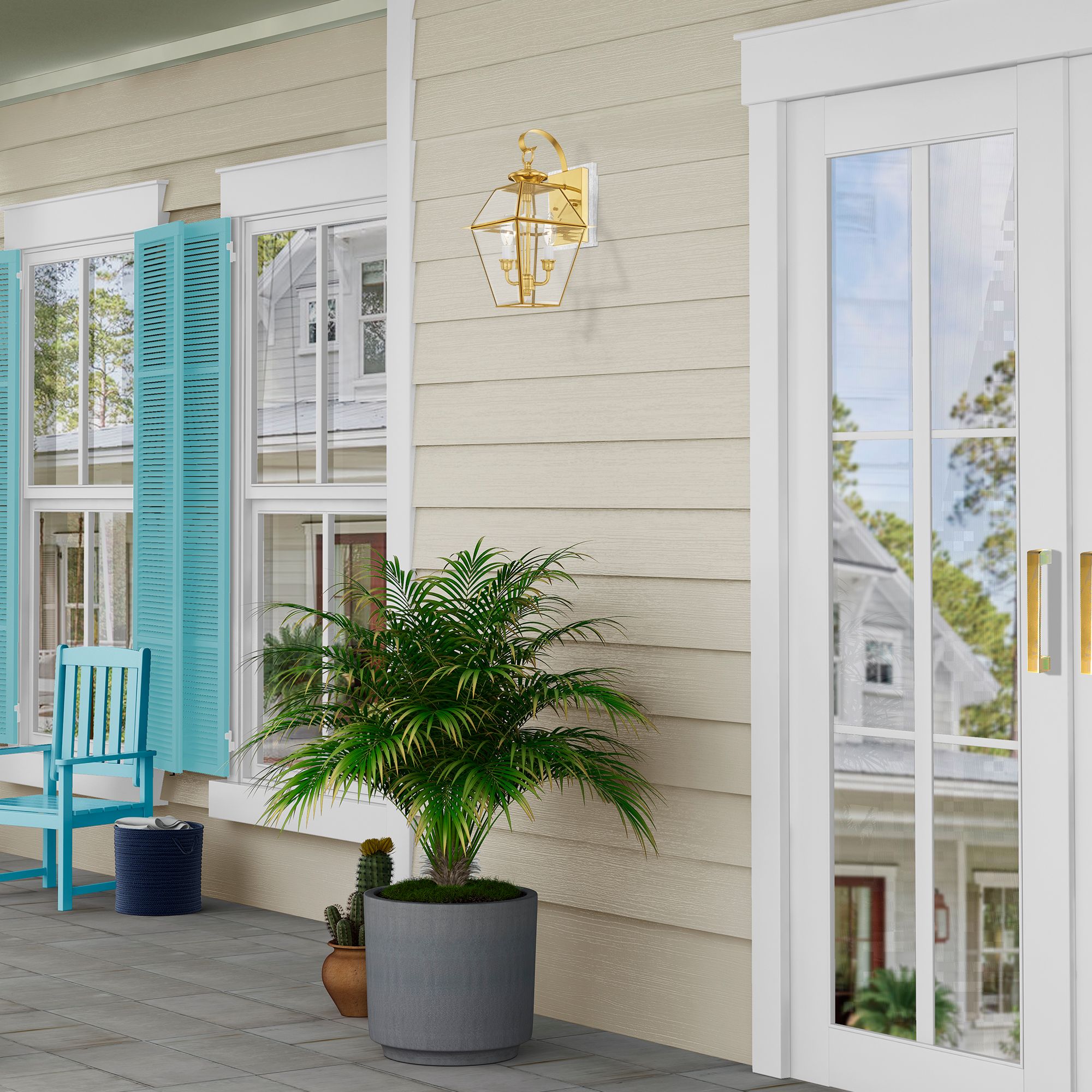 Livex Westover 16 1/2" 2-Light Polished Brass Outdoor Wall Light in scene