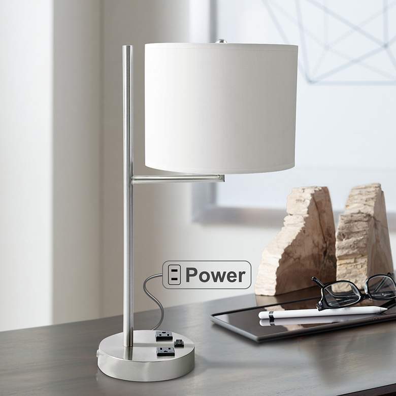 Image 1 Livonia 20" White and Brushed Nickel 2-Outlet Modern Desk Lamp