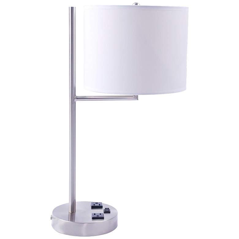 Livonia White Drum 2-Outlet Brushed Nickel Desk Lamp