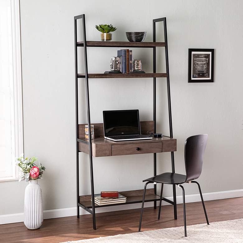 Image 1 Lizvan 33" Wide Brown Wood Shelf Writing Desk with Wireless Charger