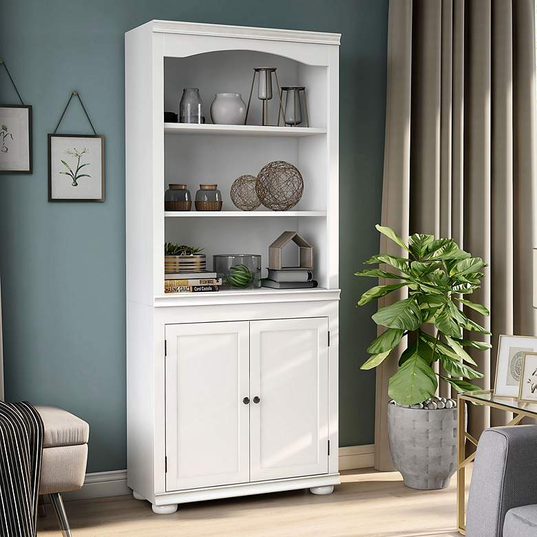 Image 1 Llanelli 31"W Luminous White Wood 2-Door 3-Shelf Bookcase