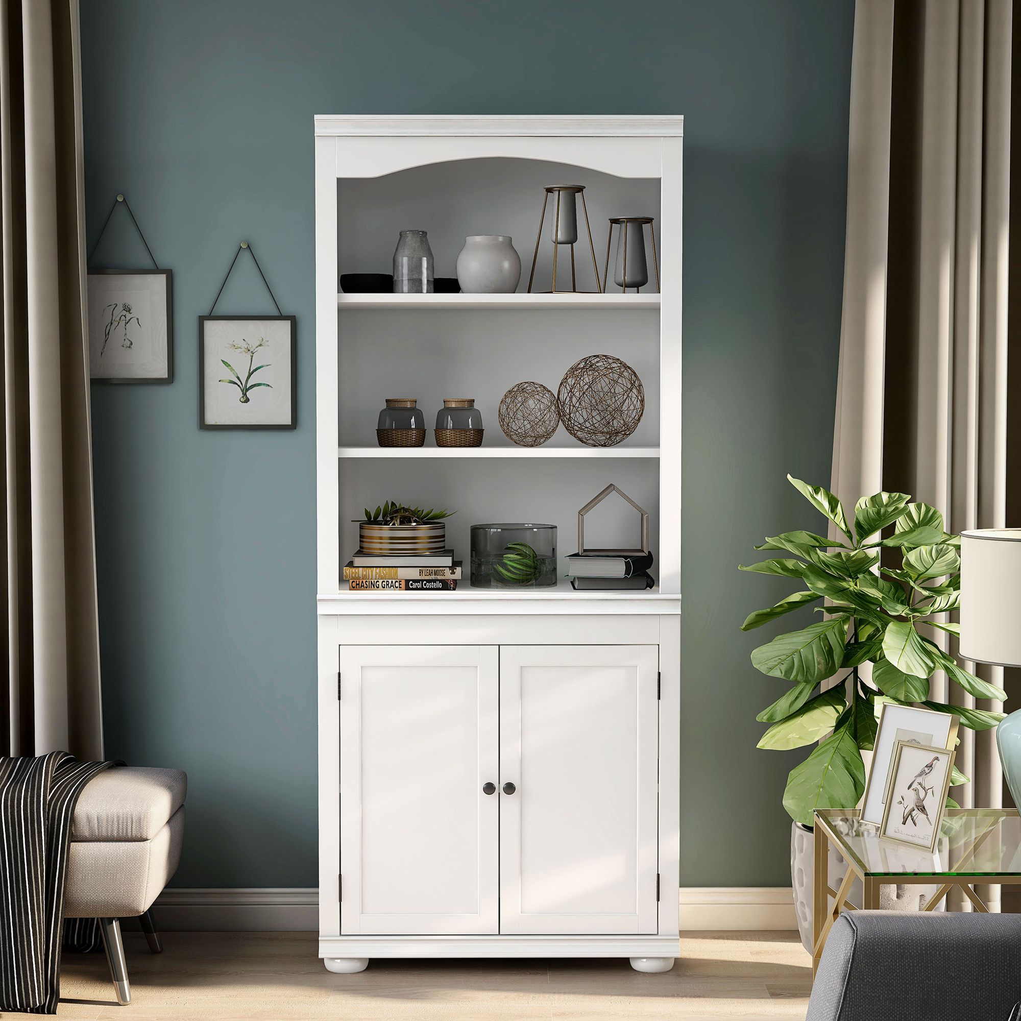 Llanelli 31"W Luminous White Wood 2-Door 3-Shelf Bookcase