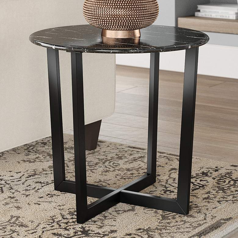 Image 1 Llona 23 3/4 inch Wide Black Marble Steel Round Side Table