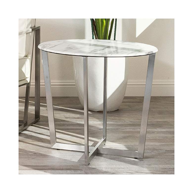 Image 1 Llona 23 3/4 inchW White Marble Brushed Steel Round Side Table