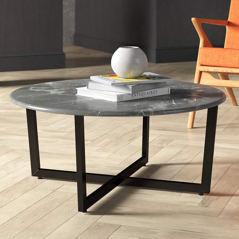 Image 1 Llona 36" Wide Black Marble Steel Round Coffee Table