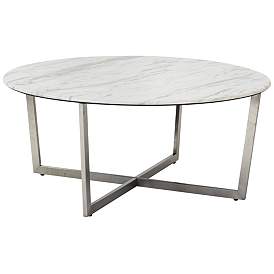Image1 of Llona 36" Wide White Marble Brushed Steel Round Coffee Table