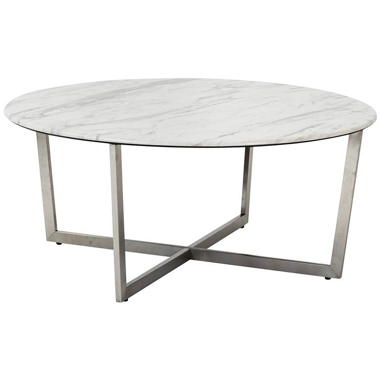 Image 1 Llona 36" Wide White Marble Brushed Steel Round Coffee Table