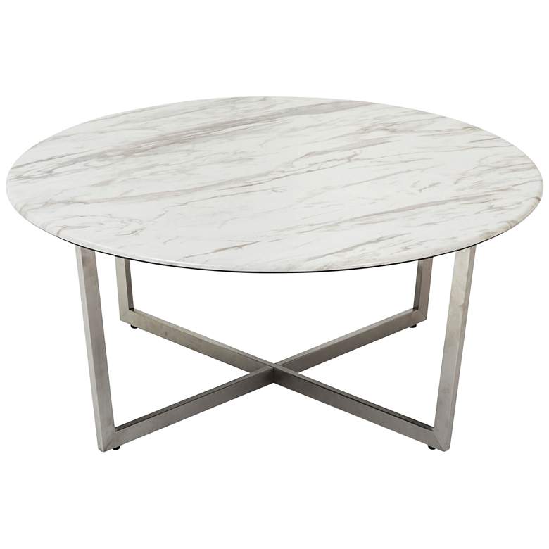 Image 6 Llona 36" Wide White Marble Brushed Steel Round Coffee Table more views