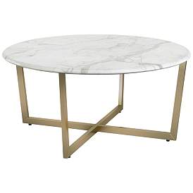 Image1 of Llona 36"W White Marble Matte Gold Steel Round Coffee Table