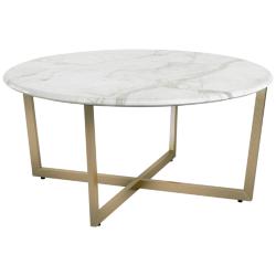 Llona 36&quot;W White Marble Matte Gold Steel Round Coffee Table
