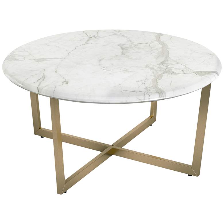 Image 4 Llona 36 inchW White Marble Matte Gold Steel Round Coffee Table more views