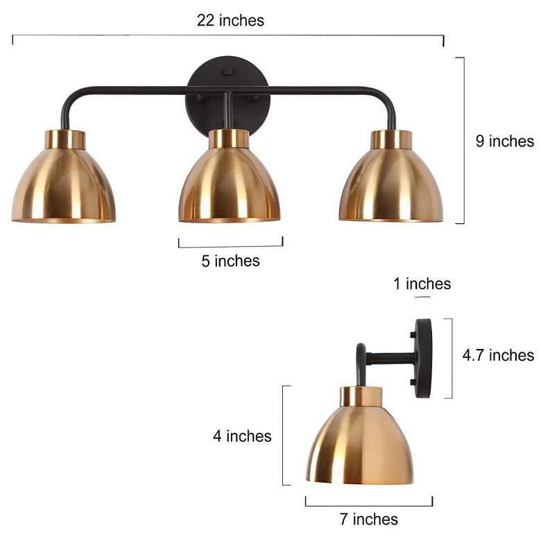 Image 2 LNC 22" Wide 3-Light Brass and Black Finish Bathroom Vanity Light more views