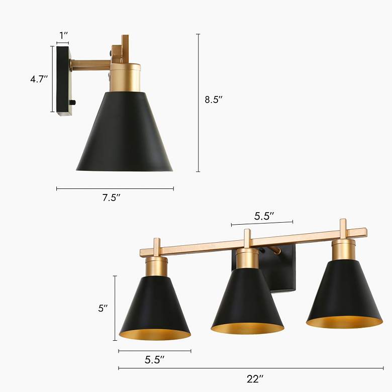 Image 2 LNC Cone 22" Wide 3-Light Gold and Black Bathroom Vanity Light more views
