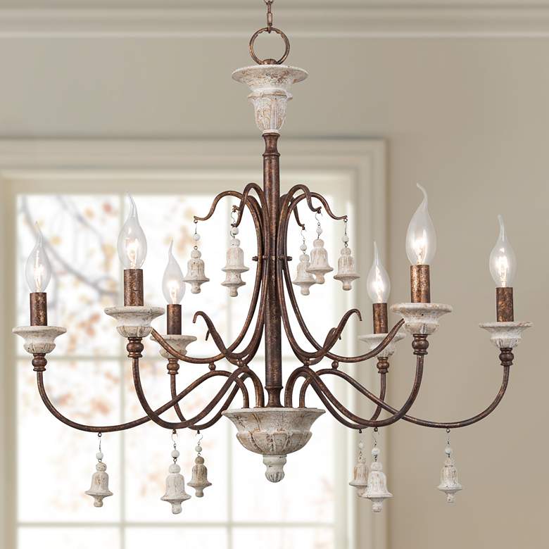 Image 1 LNC Durian 26 1/2" Wide Vintage Bronze and Wood 6-Light Chandelier