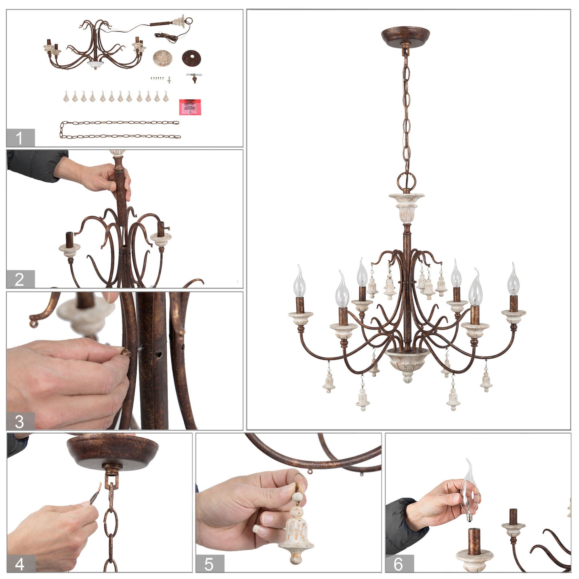 LNC Durian 26 1/2" Wide Vintage Bronze and Wood 6-Light Chandelier