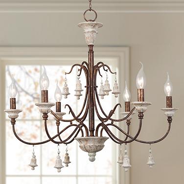 LNC Durian 26 1/2" Wide Vintage Bronze and Wood 6-Light Chandelier