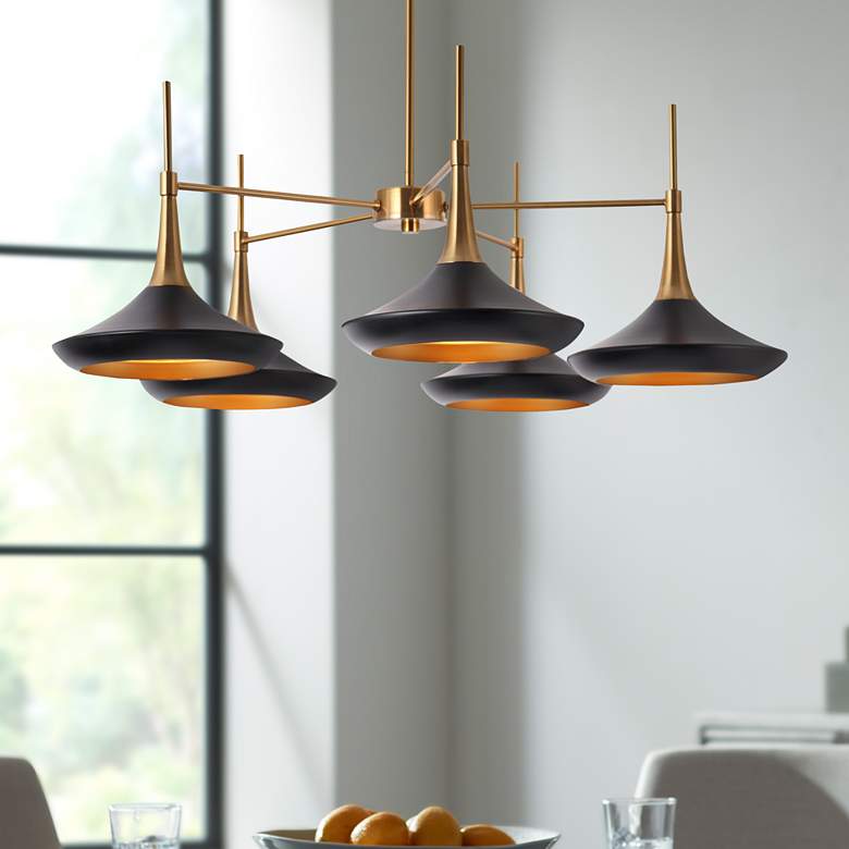 Image 1 LNC Lacos 33" 5-Light Black and Brass Mid-Century Modern Chandelier