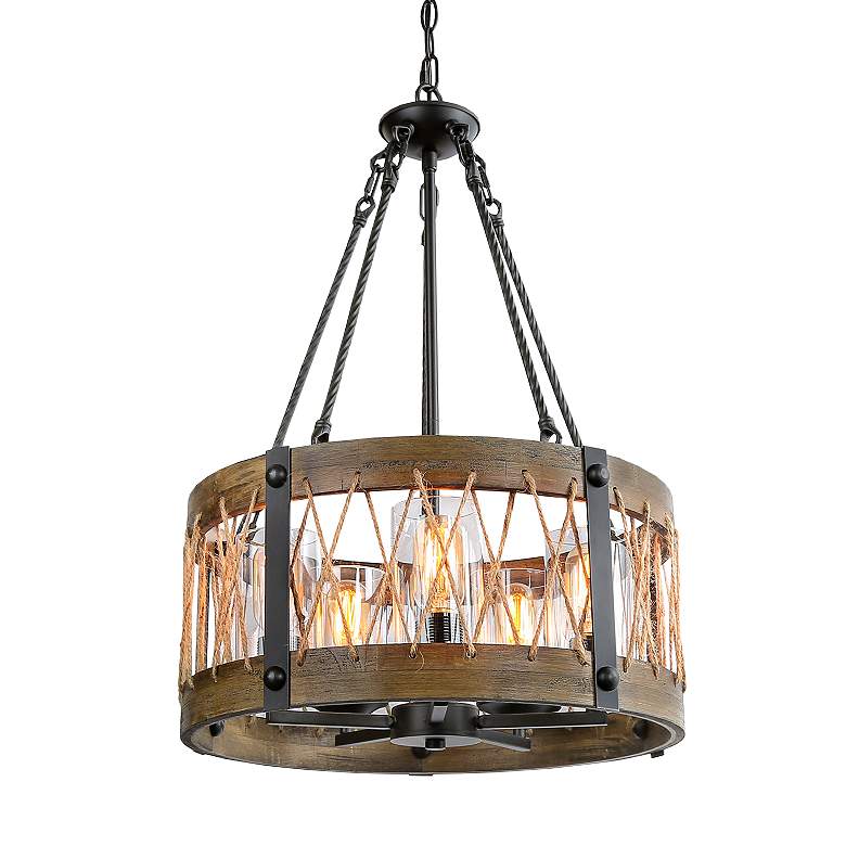 Image 2 LNC Lighting Follio 19" Matte Black and Natural Wood Pendant Light