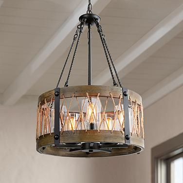 LNC Lighting Follio 19" Matte Black and Natural Wood Pendant Light