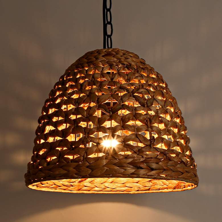 Image 1 LNC Lighting Holophankton 15" Wide Natural Rattan Dome Pendant Light